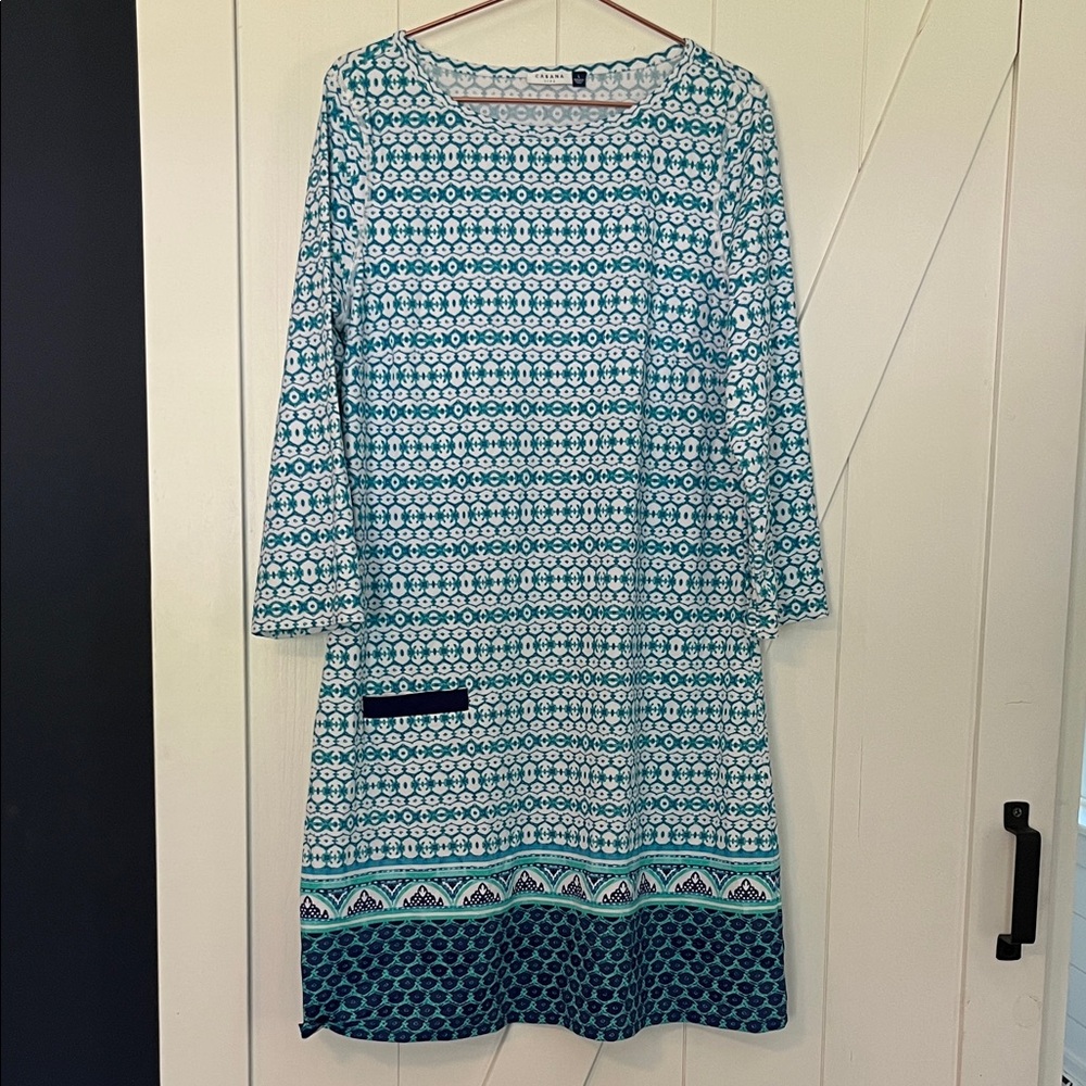Cabana Life Teal Patterned Women's Shift Dress-Sz L-NWOT 👗 Flattering!